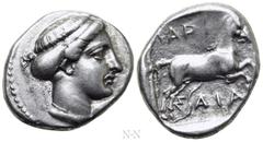 Greek Coins THESSALY. Larissa. Drachm (Circa 404 BC). Obv: Head of the nymph Larissa right. Rev: ΛΑΡI / Σ-ΑIA. Horse galloping right, trailing rein. Cf. Lorber 2014, 25; BCD Thessaly 180-1 var. (head 