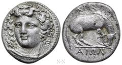 Greek Coins THESSALY. Larissa. Drachm (Circa 356-342 BC). Obv: Head of the nymph Larissa facing slightly left, with hair in ampyx. Rev: ΛΑΡΙΣ / ΑΙΩΝ. Horse standing right, preparing to lie down. BCD T