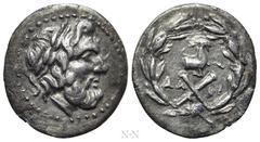 Greek Coins ACHAIA. Achaian League. Aegira. Triobol or Hemidrachm (Circa 160-146 BC). Obv: Laureate head of Zeus right. Rev: League monogram; forepart of goat right; AΛ - KI across field; all within w