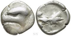 Greek Coins ELIS. Olympia. 93rd Olympiad (Circa 408 BC). Stater. Obv: Head of eagle left; ivy leaf below. Rev: F - A. Thunderbolt within olive wreath. BCD Olympia 77. Condition: Fine. Weight: 11.21 g.