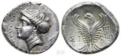 Greek Coins PAPHLAGONIA. Sinope. Hemidrachm (Circa 330-250 BC). Obv: Head of nymph left, with hair in sakkos. Rev: ΣΙ - ΝΩ. Eagle facing, head left, wings displayed; monogram to right. SNG BM Black Se