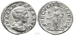 Roman Imperial Coins JULIA MAESA (Augusta, 218-224/5). Denarius. Rome. Obv: IVLIA MAESA AVG. Draped bust right. Rev: SAECVLI FELICITAS. Felicitas standing left, holding caduceus and patera over lighte