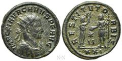 Roman Imperial Coins CARUS (282-283). Antoninianus (282). Siscia. Obv: IMP C M AVR CARVS P F AVG. Radiate, draped and cuirassed bust right. Rev: RESTITVT ORBIS / (star) II / XXI. Female figure standin