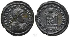 Roman Imperial Coins CRISPUS (Caesar, 316-326). Follis. Treveri. Obv: IVL CRISPVS NOB CAES. Laureate bust right, wearing consular robes and holding eagle-tipped sceptre. Rev: BEATA TRANQVILLITAS / •PT
