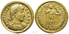 Roman Imperial Coins VALENS (364-378). GOLD Solidus. Constantinople. Obv: D N VALENS P F AVG. Pearl-diademed, draped and cuirassed bust right. Rev: RESTITVTOR REI PVBLICAE / •CONS (palm). Valentinian 