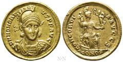Roman Imperial Coins HONORIUS (393-423). GOLD Solidus. Constantinople. Obv: D N HONORIVS P F AVG. Diademed, helmeted and cuirassed bust facing slightly right, holding spear and shield decorated with h