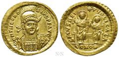 Roman Imperial Coins THEODOSIUS II (402-450). GOLD Solidus. Constantinople. Obv: D N THEODOSIVS P F AVG. Helmeted and cuirassed bust facing slightly right, holding spear and shield decorated with hors
