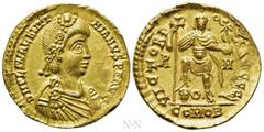 Roman Imperial Coins VALENTINIAN III (425-455). GOLD Solidus. Rome. Obv: D N PLA VALENTINIANVS P F AVG. Rosette-diademed, draped and cuirassed bust right. Rev: VICTORIA AVGGG / R - M / COMOB. Valentin