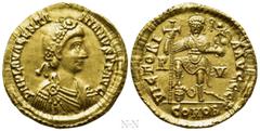 Roman Imperial Coins VALENTINIAN III (425-455). GOLD Solidus. Ravenna. Obv: D N PLA VALENTINIANVS P F AVG. Rosette-diademed, draped and cuirassed bust right. Rev: VICTORIA AVGGG / R - V / COMOB. Valen