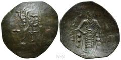 Medieval Coins BULGARIA. Second Empire. Konstantin I Asen (1257-1277). Ae Trachy. Veliko Turnovo. Obv: Facing bust of Christ Pantokrator, holding scroll; cross to left and right. Rev: Konstantin stand