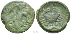 Greek Coins SICILY. Akragas. Ae Tetras or Trionkion (Circa 415-406 BC). Obv: AKPA. Eagle standing right, tearing at hare held in talons; to left, crab right. Rev: Crab; below, three pellets (mark of v