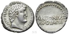 Roman Republican Coins MARK ANTONY. Denarius (32 BC). Athens. Obv: ANTON AVG IMP III COS DES III V R P C. Bare head right. Rev: ANTONIVS / AVG IMP III. Legend in two lines. Crawford 542/2; CRI 347. Co