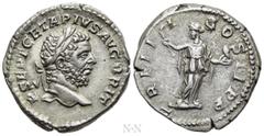 Roman Imperial Coins GETA (209-211). Denarius. Rome. Obv: P SEPT GETA PIVS AVG BRIT. Laureate and bearded head right. Rev: TR P III COS II P P. Goddess standing facing, head left, holding torch and gl