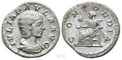 Roman Imperial Coins JULIA PAULA (Augusta, 219-220). Denarius. Rome. Obv: IVLIA PAVLA AVG. Draped bust right. Rev: CONCORDIA. Concordia seated left on throne, holding patera; star to left. RIC 211 (El