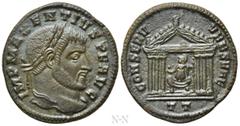 Roman Imperial Coins MAXENTIUS (307-312). Follis. Ticinum. Obv: IMP MAXENTIVS P F AVG. Laureate head right. Rev: CONSERV VRB SVAE / TT. Hexastyle temple, containing Roma, with head left, seated facing