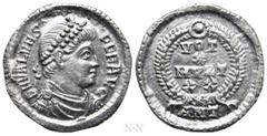 Roman Imperial Coins VALENS (364-378). Siliqua. Antioch. Obv: D N VALENS PE F AVG. Pearl-diademed, draped and cuirassed bust right. Rev: VOT / X / MVLT / XX / ANT. Legend in four lines within wreath. 