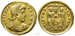 Roman Imperial Coins VALENS (364-378). GOLD Solidus. Treveri. Obv: D N VALENS P F AVG. Pearl-diademed, draped and cuirassed bust right. Rev: VICTORIA AVGG / TROBS. Two emperors seated facing on double