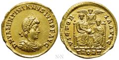 Roman Imperial Coins VALENTINIAN II (375-392). GOLD Solidus. Treveri. Obv: D N VALENTINIANVS IVN P F AVG. Pearl-diademed, draped and cuirassed bust right. Rev: VICTORIA AVGG / TROBT. Two emperors seat