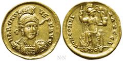 Roman Imperial Coins ARCADIUS (383-408). GOLD Solidus. Constantinople. Obv: D N ARCADIVS P F AVG. Helmeted and cuirassed bust facing slightly right, holding spear and shield decorated with horseman mo