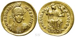 Roman Imperial Coins HONORIUS (393-423). GOLD Solidus. Constantinople. Obv: D N HONORIVS P F AVG. Diademed, helmeted and cuirassed bust facing slightly right, holding spear and shield decorated with h