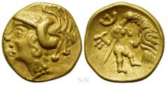 Celtic Coins CENTRAL EUROPE. Boii ? Stater (Circa 3rd BC) Athena Type with warrior. Obv: Celticized head of Athena left, wearing crested helmet. Rev: Eagle standing and feeding on beheaded body of a C