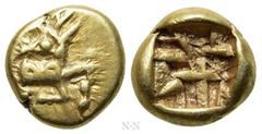 Greek Coins IONIA. Ephesos. Phanes (Circa 625-600 BC). EL 1/24 Stater. Obv: Forepart of stag right, head left. Rev: Abstract geometric pattern within incuse square punch. Cf. Weidauer 36-7 (1/12 state