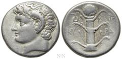 Greek Coins KYRENAICA. Kyrene. Time of Magas (Ptolemaic governor, first reign, circa 300-282/75 BC). Didrachm. Obv: Horned head of Karneios left. Rev: KY - PA. Silphium plant; coiled serpent to upper 