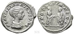 Roman Imperial Coins PLAUTILLA (Augusta, 202-205). Denarius. Rome. Obv: PLAVTILLAE AVGVSTAE. Draped bust right. Rev: PROPAGO IMPERI. Plautilla standing right, clasping hands with Caracalla standing le