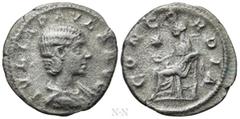 Roman Imperial Coins JULIA PAULA (Augusta, 219-220). Denarius. Rome. Obv: IVLIA PAVLA AVG. Draped bust right. Rev: CONCORDIA. Concordia seated left on throne, holding patera; star to left. RIC 211 (El