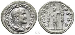 Roman Imperial Coins MAXIMINUS THRAX (235-238). Denarius. Rome. Obv: MAXIMINVS PIVS AVG GERM. Laureate, draped and cuirassed bust right. Rev: P M TR P II COS P P. Emperor standing left with spear, fla