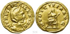 Roman Imperial Coins HERENNIA ETRUSCILLA (Augusta, 249-251). GOLD Aureus. Rome. Obv: HER ERTVSCILLA AVG. Draped bust right, wearing stephane. Rev: PVDICITIA AVG. Pudicitia seated left on throne, holdi
