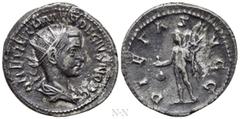 Roman Imperial Coins HERENNIUS ETRUSCUS (Caesar, 249-251). Antoninianus. Rome. Obv: Q HER ETR MES DECIVS NOB C. Radiate and draped bust right. Rev: PIETAS AVGG. Mercury standing left, holding purse an