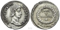 Roman Imperial Coins CONSTANTIUS GALLUS (Caesar, 351-354). Siliqua. Sirmium. Obv: D N CONSTANTIVS NOB CAES. Bare head right. Rev: VOTIS / V / MVLTIS / X / •SIRM. Legend in four lines within wreath. RI