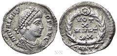 Roman Imperial Coins VALENS (364-378). Siliqua. Antioch. Obv: D N VALENS P F AVG. Pearl-diademed, draped and cuirassed bust right. Rev: VOT / X / MVLT / XX / •ANT (star). Legend in four lines within w