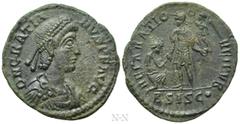 Roman Imperial Coins GRATIAN (367-383). Follis. Siscia. Obv: D N GRATIANVS P F AVG. Diademed, draped and cuirassed bust right. Rev: REPARATIO REI PVB / BSISC•. Emperor standing left, holding Victory o