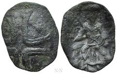 Medieval Coins BULGARIA. Second Empire. Konstantin I Asen (1257-1277). Ae Trachy. Obv: IC - XC. Large cross pattée; star in third and fourth quarters. Rev: Konstantin I seated facing on throne, holdin