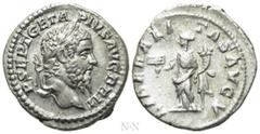 Roman Imperial Coins GETA (209-211). Denarius. Rome. Obv: P SEPT GETA PIVS AVG BRIT. Laureate and bearded head right. Rev: LIBERALITAS AVGV. Liberalitas standing left, holding abacus and cornucopia. R