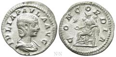 Roman Imperial Coins JULIA PAULA (Augusta, 219-220). Denarius. Rome. Obv: IVLIA PAVLA AVG. Draped bust right. Rev: CONCORDIA. Concordia seated left on throne, holding patera; star to left. RIC 211 (El