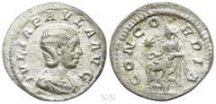 Roman Imperial Coins JULIA PAULA (Augusta, 219-220). Denarius. Rome. Obv: IVLIA PAVLA AVG. Draped bust right. Rev: CONCORDIA. Concordia seated left on throne, holding patera; star to left. RIC 211 (El