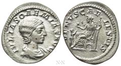 Roman Imperial Coins JULIA SOEMIAS (Augusta, 218-222). Denarius. Rome. Obv: IVLIA SOAEMIAS AVG. Draped bust right. Rev: VENVS CAELESTIS. Venus seated left, holding apple and sceptre; at left, child re