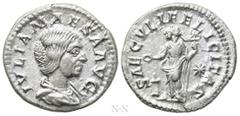 Roman Imperial Coins JULIA MAESA (Augusta, 218-224/5). Denarius. Rome. Obv: IVLIA MAESA AVG. Draped bust right. Rev: SAECVLI FELICITAS. Felicitas standing left, holding caduceus and patera over lighte