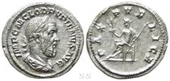 Roman Imperial Coins PUPIENUS (238). Denarius. Rome. Obv: IMP C M CLOD PVPIENVS AVG. Laureate, draped and cuirassed bust right. Rev: PAX PVBLICA. Pax seated left on throne, holding branch and sceptre.