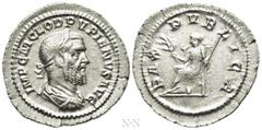 Roman Imperial Coins PUPIENUS (238). Denarius. Rome. Obv: IMP C M CLOD PVPIENVS AVG. Laureate, draped and cuirassed bust right. Rev: PAX PVBLICA. Pax seated left on throne, holding branch and sceptre.