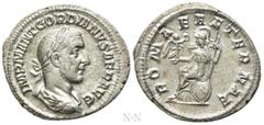 Roman Imperial Coins GORDIAN I AFRICANUS (238). Denarius. Rome. Obv: IMP M ANT GORDIANVS AFR AVG. Laureate, draped and cuirassed bust right. Rev: ROMAE AETERNAE. Roma seated left on shield, holding cr
