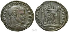 Roman Imperial Coins MAXENTIUS (307-312). Follis. Ticinum. Obv: IMP MAXENTIVS P F AVG. Laureate head right. Rev: CONSERV VRB SVAE / ST. Tetrastyle temple containing Victory standing left, crowning Rom