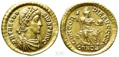 Roman Imperial Coins THEODOSIUS I (379-395). GOLD Solidus. Constantinople. Obv: D N THEODOSIVS P F AVG. Rosette-diademed, draped and cuirassed bust right. Rev: CONCORDIA AVGGG Z / CONOB. Concordia, wi