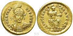 Roman Imperial Coins ARCADIUS (383-408). GOLD Solidus. Constantinople. Obv: D N ARCADIVS P F AVG. Helmeted and cuirassed bust facing slightly right, holding spear and shield decorated with horseman mo