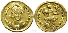 Roman Imperial Coins HONORIUS (393-423). GOLD Solidus. Constantinople. Obv: D N HONORIVS P F AVG. Diademed, helmeted and cuirassed bust facing slightly right, holding spear and shield decorated with h
