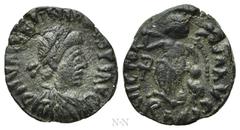 Roman Imperial Coins VALENTINIAN III (425-455). Nummus. Rome. Obv: D N VALENTINIANVS P F AVG. Diademed, draped and cuirassed bust right. Rev: VICTORIA AVGG / (staurogram) / RM. Victory advancing left,