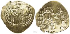 Byzantine Coins JOHN V PALAEOLOGUS with ANNA OF SAVOY as Regent (1341-1391). GOLD Hyperpyron. Constantinople. Obv: John and Anna standing facing, each holding sceptre. Rev: Andronicus III kneeling rig